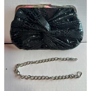Vintage Black Faux Snakeskin Pleated Bow Clutch with Chain